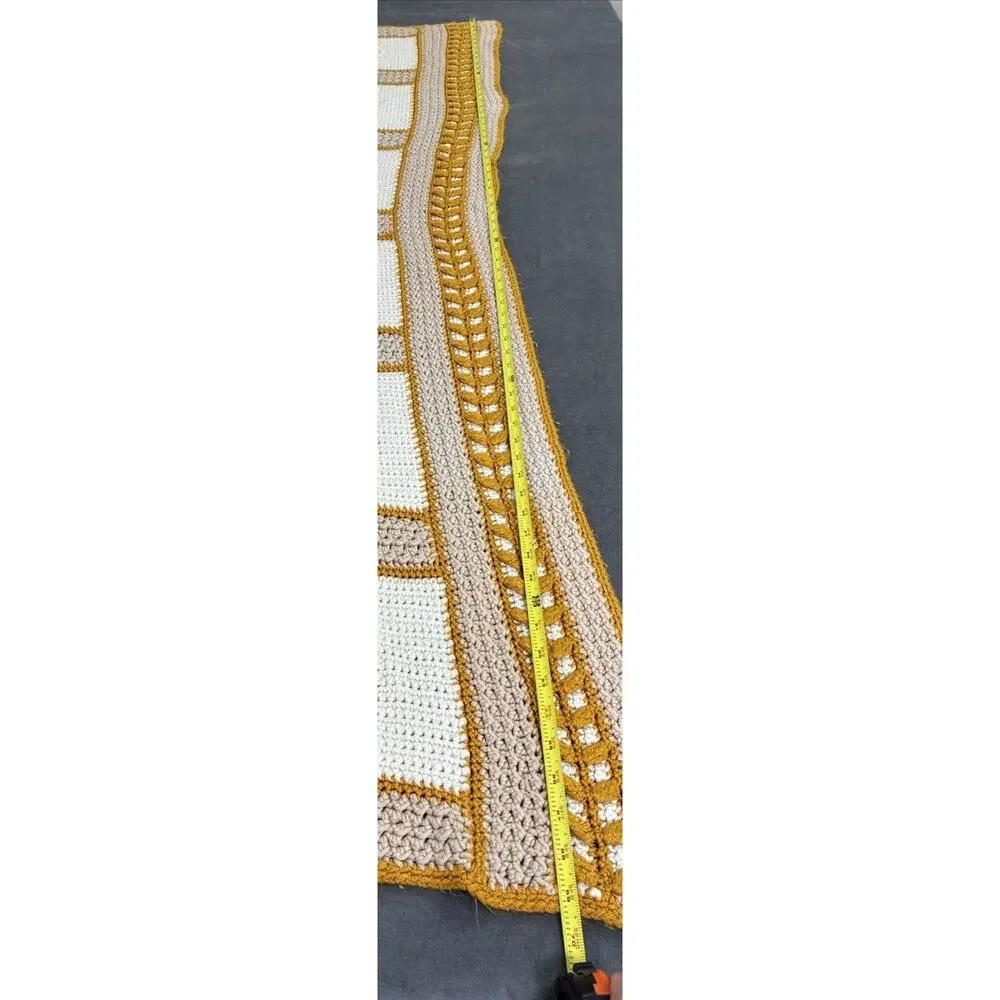 Handmade Crochet Blanket Afghan Throw 70x45 Gold Ivory Tan Vintage Style Charity